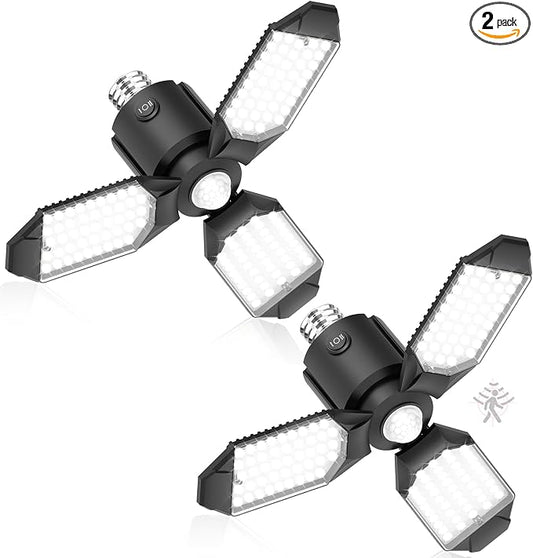 toberich 2 Pack Motion Sensor Garage Lights, 8000LM Shop Light 6500K | 3 Modes, 3 Deformable Panels, Indoor Motion Activated Light Bulb for Garage Workshop Laundry Room Basement