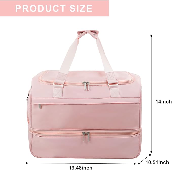 Carry On Travel Duffel Bag for Women & Men,Overnight Weekender Bag with Shoe Compartment,Trolley Sleeve and Adjustable Shoulder Strap,Business & Weekend Travel,Gym,Sports,Yoga & Dance (Pink)