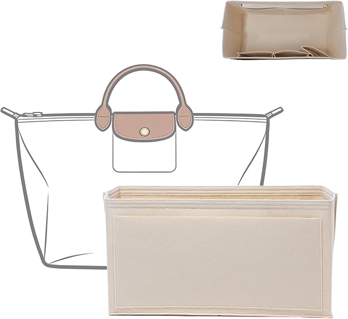 Doxo Felt Purse Organizer Insert for Longchamp Le Pliage L Travel Bag, Longchamp Orgainzer Insert Large with 9 Compartments and Zipper Water Bottle Holder, Fits Long Champ Large Bag (LT, Beige)