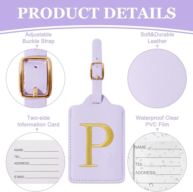 Personalized Initial Luggage Tags for Suitcases,Leather Letter Cute Luggage Tags with Privacy Name Card,Embroidered Monogrammed Travel Bag Backpack Tag Gifts for Women Kids Girls Teens(Purple-P)