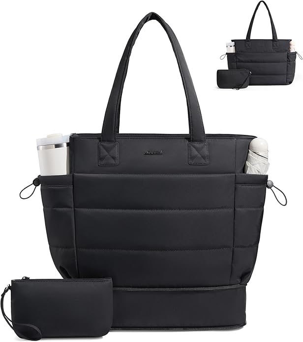 LOVEVOOK Tote Bag for Women with Giant Tumbler Holder Pocket, Puffer Work Travel Laptop Handbag with Zipper for Nurse Teacher