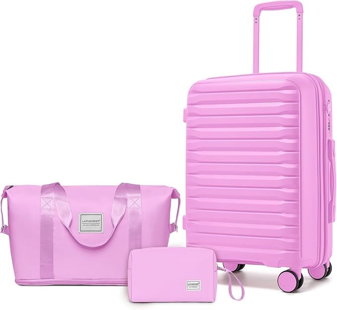 LARVENDER Luggage Sets 3 Piece, Expandable Hardside PP Carry On Luggage Suitcase with 360° Spinner Wheels TSA Lock Suitcase Set for Women Men, Neon Pink
