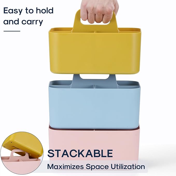 Multiuse Caddy Organizer with Handle, Portable Divided Plastic Tote Bin - Art Craft, Stationary Pen Marker Crayon, Makeup Hair Supplies Storage - Bathroom, Classroom, Dorm, Office, Desk Holder -Yellow