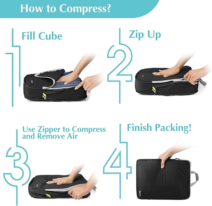 Gonex Compression Packing Cubes, 4pcs Expandable Storage Travel Luggage Bags Organizers(Black)
