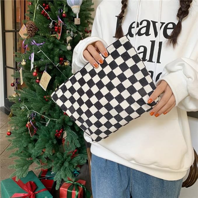PAZIMIIK Makeup Bag Large Zipper Corduroy Make Up Pouch for Purse Travel Canvas Cosmetic Organizer for Women Brush Storage,Checkered Black