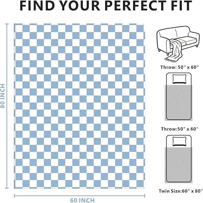 Checkered Blanket Flannel Throw Blankets Soft Cozy Checkered Grid Print Chessboard Gingham Pattern Throws for Bed Sofa Couch for All Seasons, 60x80 Inch, Blue