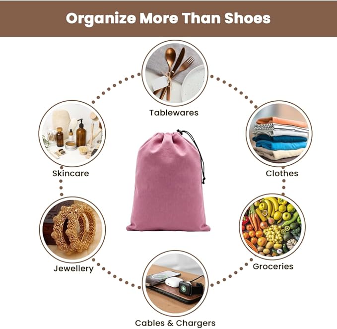 LFH Cotton Rich Shoe Storage Bags with Drawstring, Dustproof Breathable Reusable Organizer, Perfect For Travel, Dorm, Hotel, College, Gym, Easy to Carry, Machine Washable 8"x17" (Pack of 2) - Pink