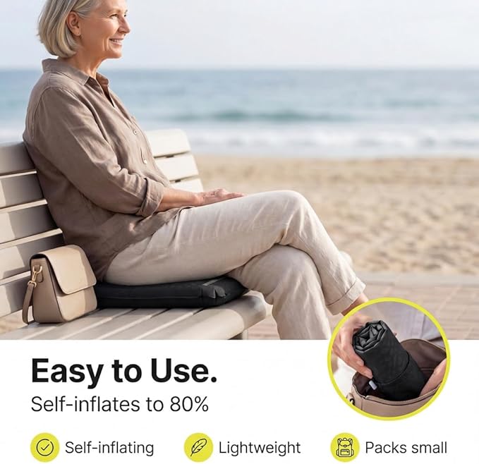 Whispering Winds Inflatable Seat Cushion - Comfortable Blow-up Foam Pad for Airplane, Travel, Stadium, Outdoors, Camping, Car & More