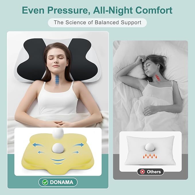 DONAMA Cervical Neck Pillow- Ergonomic Pillows for Pain Relief, Contour Memory Foam Pillow for Side/Back/Stomach Sleepers, CertiPUR-US Certified with Cooling Ice Silk Pillowcase