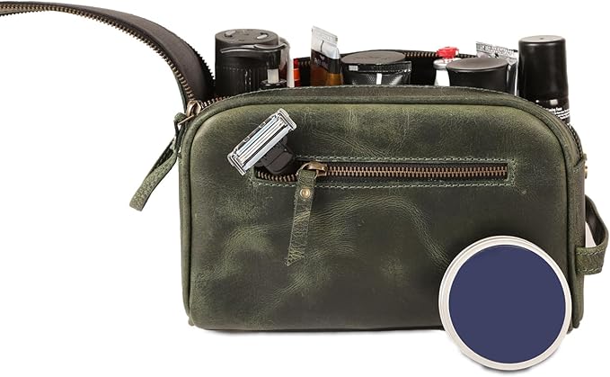 KomalC Leather Toiletry Bag for Men & Women – Handcrafted Travel Grooming Kit with Water-Resistant Lining and Secure Zipper Closure