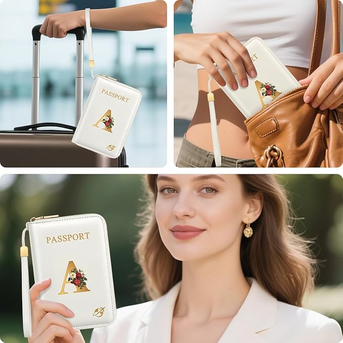 Passport Holder for Travel Personalized Passport Holder Initial Letter Rose Flower RFID Blocking Travel Wallets Credit Cards Holder for Women Men, White A