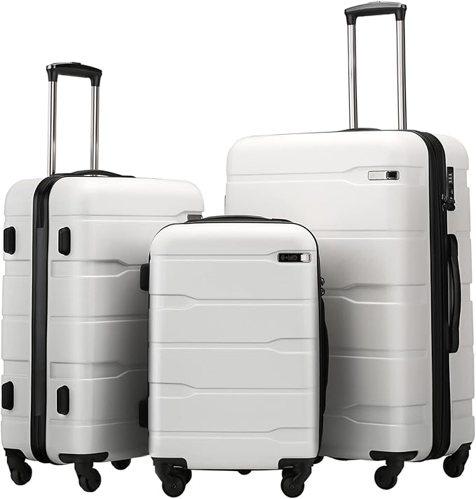 Coolife Luggage Set 3 Piece Hardside PC+ABS Suitcase with TSA Lock, Expandable Large Checked Luggage, Lightweight Rolling Carry On with Spinner Wheels(20/24/28 Inch, White)