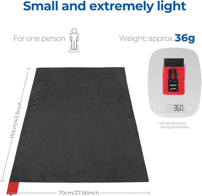 Pocket Picnic Blanket for 1 Person, 43.3x27.56″ (1.27oz) Super Light Compact Beach Blanket, SandProof Waterproof Portable Beach Picnic Mat for Outdoor Hiking Camping Travel Festival(Black)