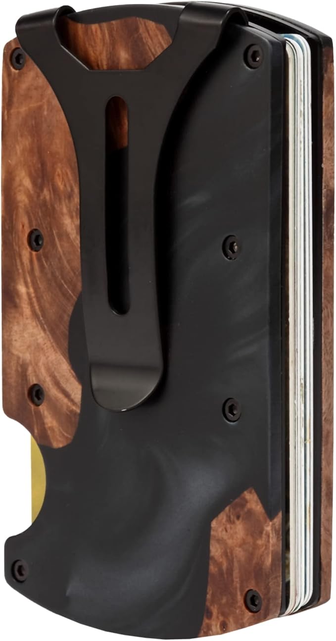 Carbon Fiber Minimalist Wallet for Men Credit Card Holder Money Clip & Cash Strap Slim RFID Mens Wallets,Resin Natural Walnut Wood,Unique Pattern,Black