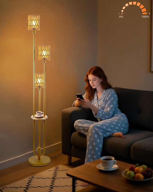Lightdot Dimmable Boho Floor Lamps with Table 3-Lights Farmhouse Floor Lamp 3000K Warmwhite Bulbs Included Rustic Gold Standing Lamp with 5Lbs Heavy Base for Living Room/Sofa Beside/Corner Decor