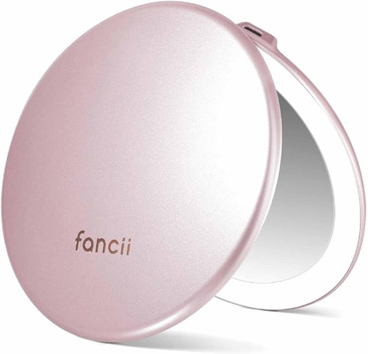 Fancii Taylor LED Lighted Travel Makeup Mirror, Rechargeable with 10x/1x Magnifying & 3 Light Settings - Compact, Portable, Large 5” Wide Hand Mirror for Handbag and Purses (Rose Gold)