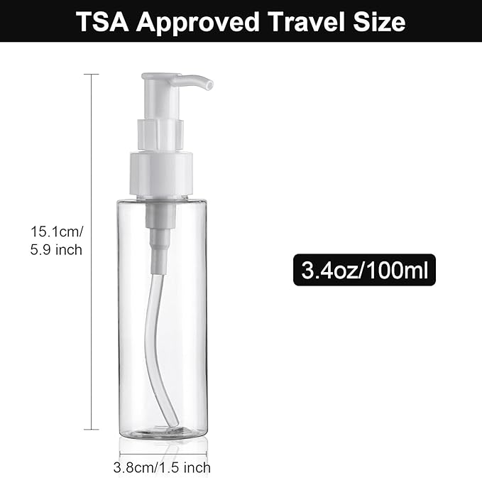 Cosywell Empty Plastic Pump Bottles Dispenser TSA Approved 3.4oz 4 Pack Portable Empty Refillable Container Clear Plastic Lotion Pump Dispenser Bottle for Facial Cleansing Oil Shampoo Shower Gel