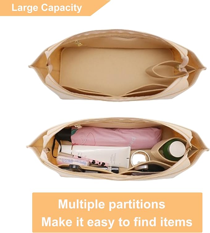 Doxo Purse Organizer Insert for Handbags&Tote Bag,Suitable for Lv Neverfull MM/L.ongchamp GM, Felt Tote Insert with Base Shaper.(Beige-with Cover,MM)