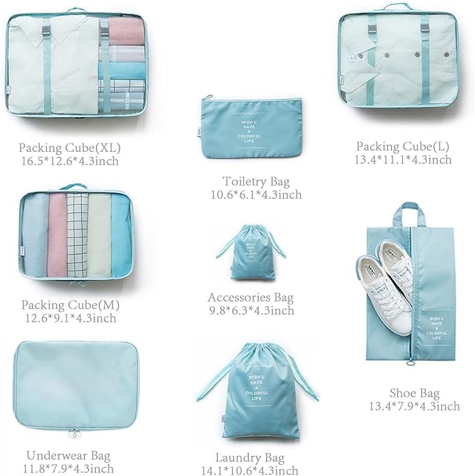 8 Pieces Mesh Packing Cubes for Travel, Luggage Packing Organizers Bags Set, Travel Essentials Suitcases Accessories with Laundry Bag, Storage Shoe Bag, Clothing Underwear Bag (Blue, 8 set)