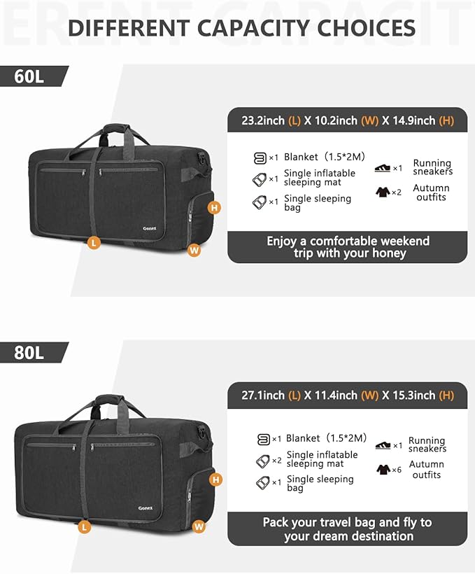 Gonex 40L 60L 80L 100L 150L Large Foldable Travel Duffle Bag with Shoes Compartment, Packable Lightweight Water Repellent Duffel Bag for Camping Gym Weekender Bag
