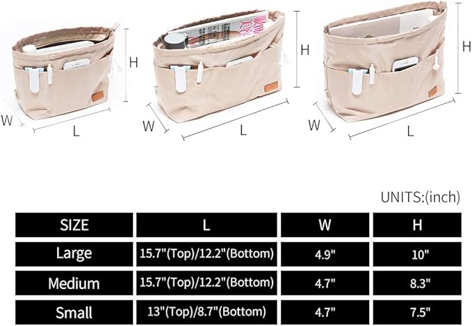 iN. Purse Organizer Insert with zipper Nylon fabric for women Handbags & Totebag beige Size: Large: 15.7"(Top)/12.2"(Bottom) L × 4.9"W × 10"H