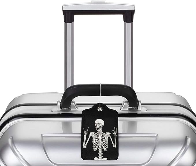 Skull Rock Roll 2 Pack Luggage Tag for suitcases skeleton Travel PU Cute Leather Luggage Tag Name ID Labels with Privacy Cover Suitcases Women Men Girls Boys Fun Laggage Tags (skeleton)