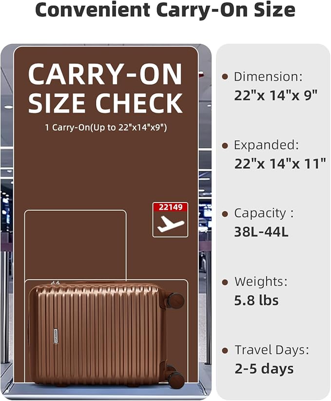 LARVENDER Carry on Luggage 22x14x9 Airline Approved, Expandable 20 Inch Hardside Suitcase with Wheels TSA Lock, PC+ABS Lightweight Carry on Suitcases for Women and Men, Maple (20/DB/TB)