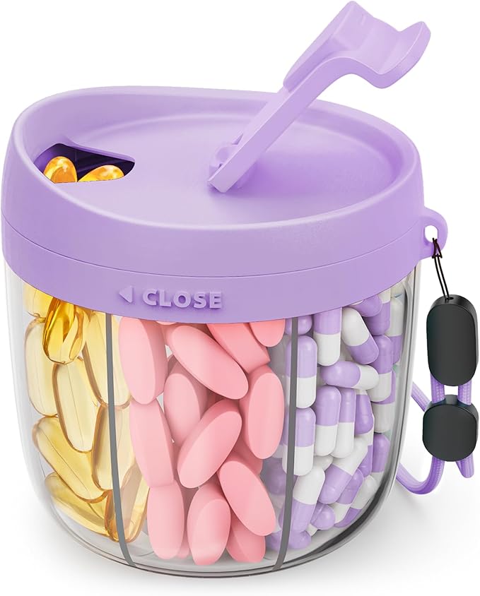 Cute Pill Dispenser with 7 Large Compartments, Portable Pill Bottle Organizer with Wide Opening for Easy Use, Anti-Mix Pill Organizer for Travel, BPA-Free Pill Container, Purple
