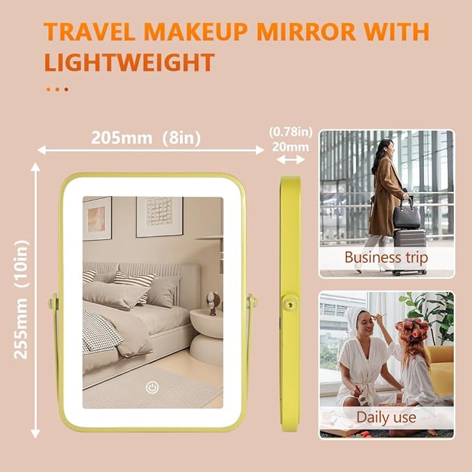 YEKKOPT Gold Rechargeable Makeup Mirror with Lights, LED Vanity Mirror, 3 Color Modes, Portable Desktop Mirror, Adjustable Brightness, Ideal for Dorm and Home Use