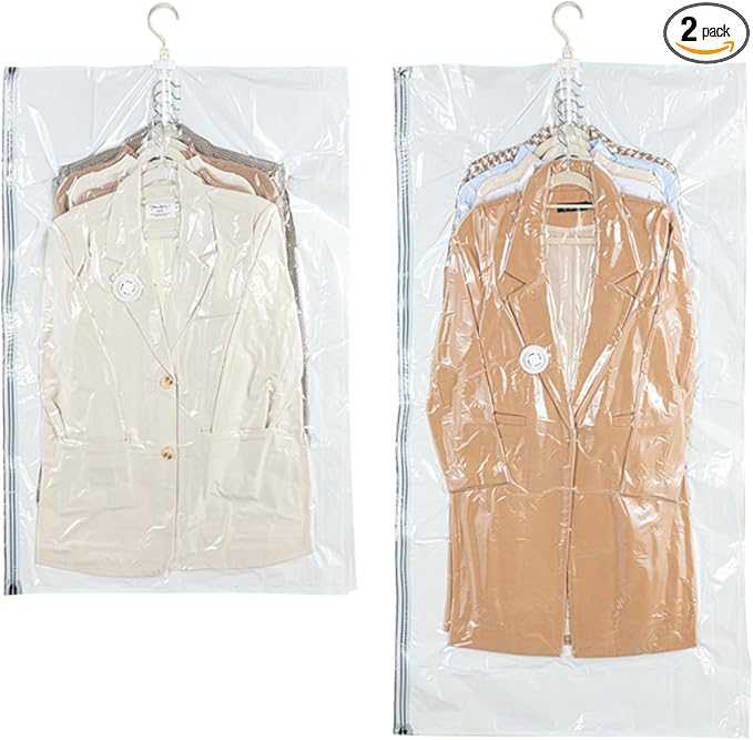 Hanging Vacuum Storage Bags – 2 Pack (1 Long, 1 Short) Hanging Vacuum Seal Bags for Clothing, Closet Organizer Space Saver for Suits, Jackets & Coats