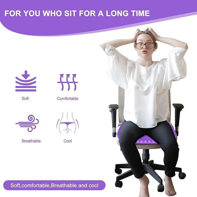 Large Gel Seat Cushion for Long Sitting with Non-Slip Cover, Soft & Breathable, Seat Cushion for Chair, Car, Office, Desk Chair, Wheelchair (18" x 17")