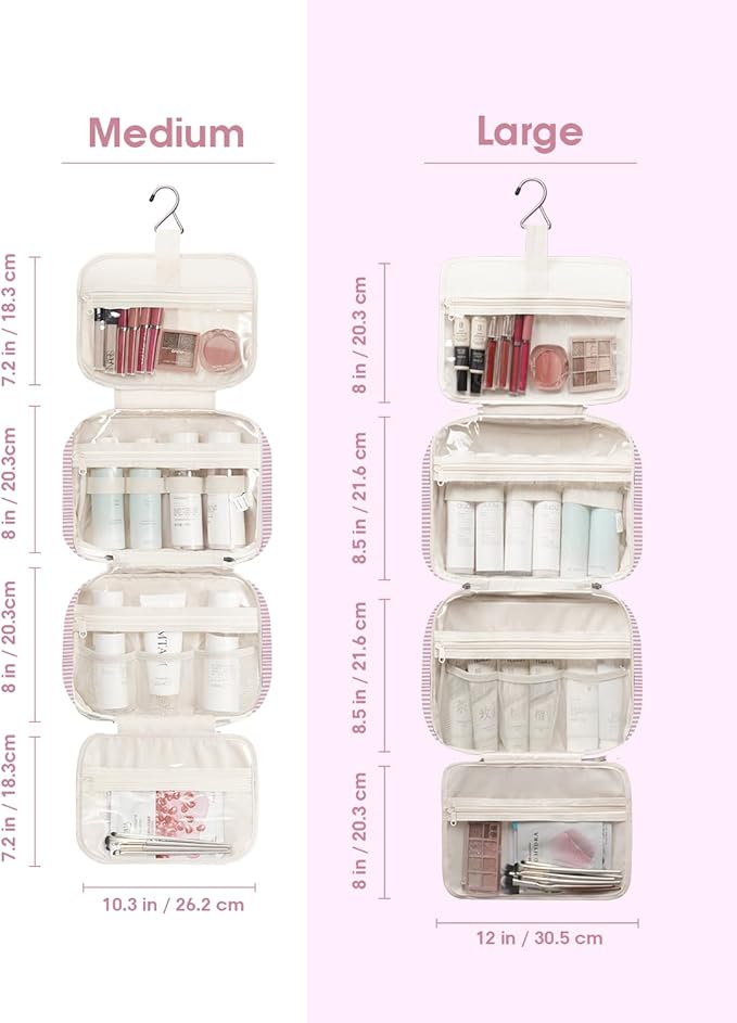 Narwey Striped Travel Toiletry Bag for Women Large Hanging Makeup Bag Organizer Toiletries Bag for Full Size Essentials Accessories Cosmetics (Dusty Pink Stripe (Large))