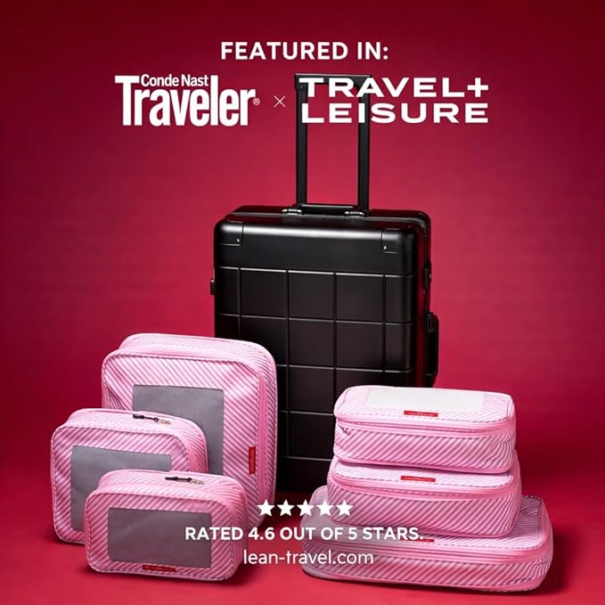 LeanTravel Premium Compression Packing Cubes for Travel - Suitcase Organizer Bags with Double Zipper & Breathable Mesh Panel - Space Saving Carry On Luggage Essentials (6-Pack, Pink Stripes)