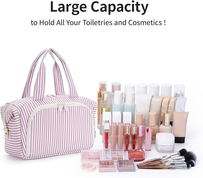 Narwey Travel Toiletry Bag for Women, Wide Open Large Makeup Bag, Cosmetic Bag Make Up Organizer with Handle, Wet Pocket for Towel, Travel Bag for Toiletries, Brushes, Essentials (Dusty Pink Stripe)