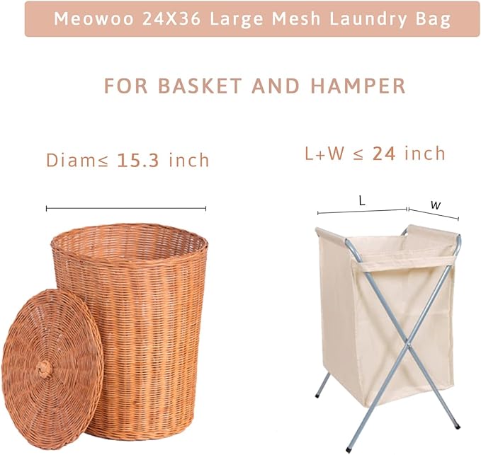 Meowoo Large Mesh Laundry Bag, 24×36inch Heavy Duty Mesh Laundry Bags Drawstring Lockable, Laundry Hamper Liner, Machine Washable, for Travel,Storage, Sports Factories, Dorms, White 1pcs