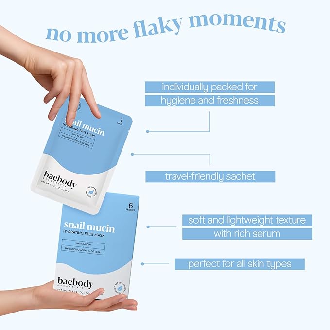 Baebody Snail Mucin Mask (6 pcs) - Hydrating Face Mask Sheet with Hyaluronic Acid - Moisturizing Face Mask for Youthful Skin - Korean Face Mask Inspired - Anti Aging Face Masks Skincare Korean