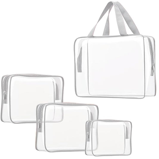 4Pcs Crystal Clear PVC Travel Toiletry Bag Kit for Women Men, Waterproof Vinyl Packing Organizer Storage Bags with Zipper Handle Straps, Cosmetic Pouch Carry on Airport Airline Compliant Bag Handbag
