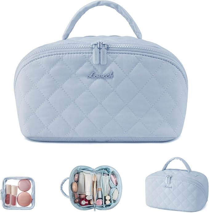 LOVEVOOK Travel Makeup Bag for Women, 2Pcs Puffer Waterproof Cosmetic Organizer, Large Capacity Pouch Open Flat Small Toiletry Bag with Brush Compartment & Handle (Blue, Medium)
