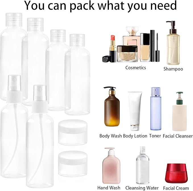 8Pcs Travel Bottles Set, TSA Approved Travel Size Toiletries, Reusable Leak Proof Cosmetic Containers for Shampoo, Conditioner, Cream -Women Men Travel Essentials