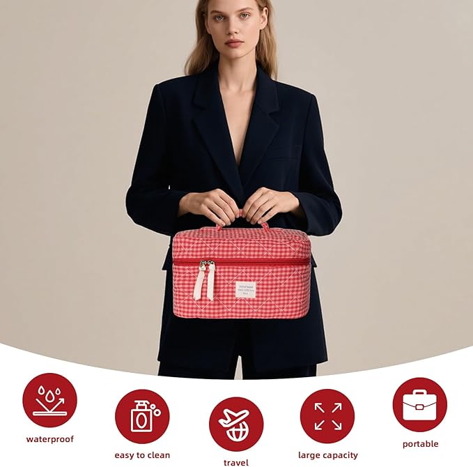 Large Makeup Bag, Cute Cosmetic Bag for Women Girls, Floral Coquette Aesthetic Toiletry Bag, Travel Make Up Organizer Bag(Red Checkered)