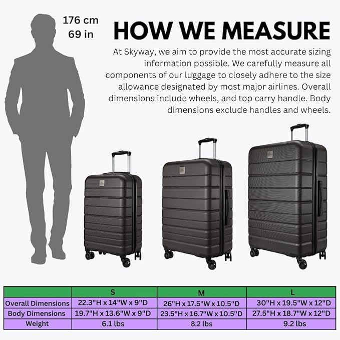Skyway Epic 2.0 Hardside Lightweight and Durable ABS Shell Luggage, Spacious with 8-Wheel Spinners, Comfort Grip with Telescoping Handle, Men and Women, Midnight, 3-Piece Set (20,24, 28)