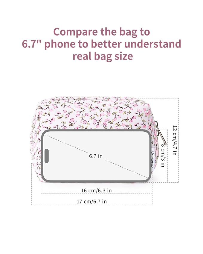 Narwey Small Cute Floral Makeup Bag for Purse Mini Cosmetic Bag Travel Makeup Pouch Zipper Pouch Cute Make up Bags with Compartments for Women Girls (Pink Flower, Small)