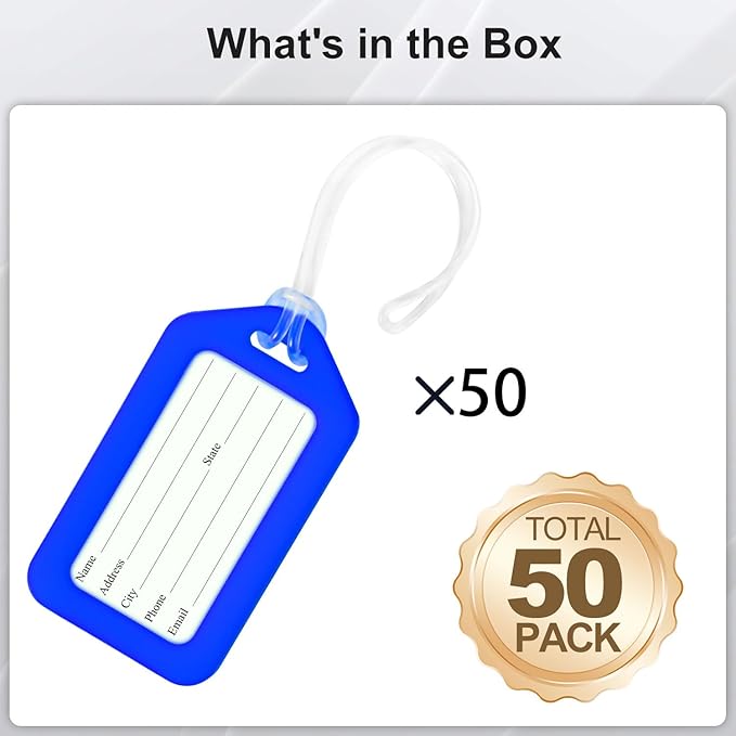 50 Pack Luggage Tag Bright Luggage Tags for Suitcases Bag Tags Name Tags for Kids Travel Accessories Must Haves by Sodsay (Blue)