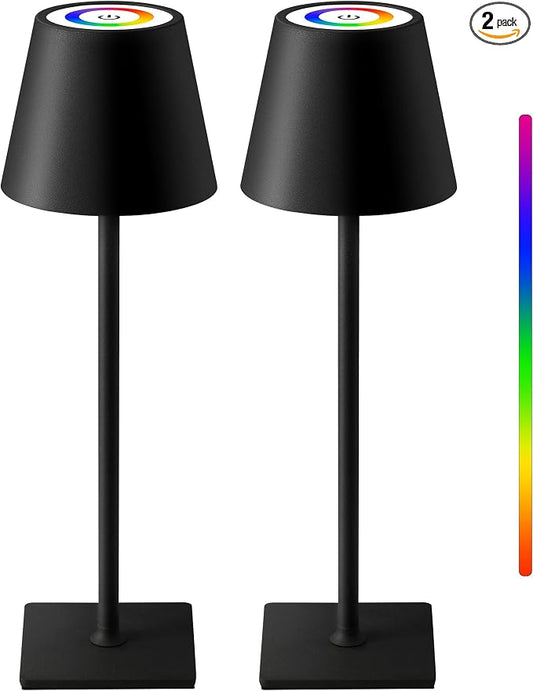 KDG 2 Pack Cordless Black Table Lamps, RGB Color Stepless Dimming Desk Lamp | 4000mAh Battery Operated Rechargeable Portable LED for Restaurant, Bedroom, Outdoor Garden, Camping, Coffee Shop, Nightlight