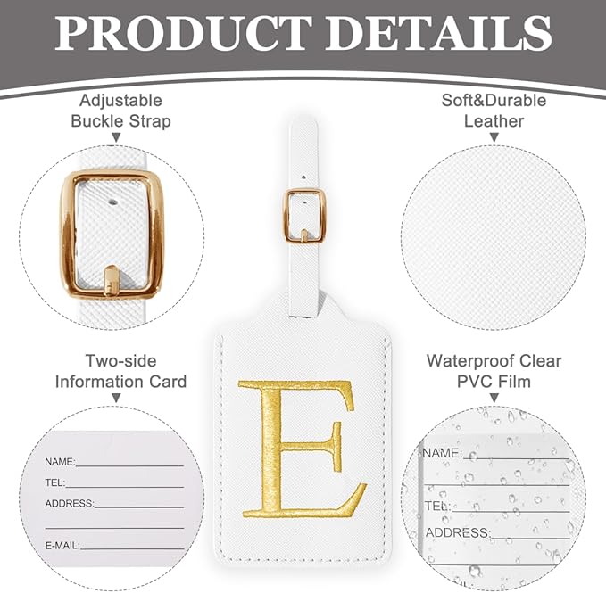 Personalized Initial Luggage Tags for Suitcases,Leather Letter Cute Luggage Tags with Privacy Name Card,Embroidered Monogrammed Travel Bag Backpack Tag Gifts for Women Kids Girls Teens(White-E)