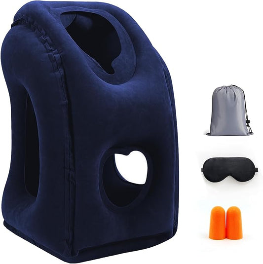 Inflatable Travel Pillow for Airplanes, Airplane Pillow for Long Flight Comfortably Supports, Used for Planes, Trains, Cars, Includes Storage Bag, Eye Mask & Earplugs (Blue)