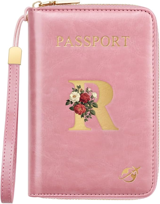 Passport Holder for Travel Personalized Passport Holder Initial Letter Rose Flower RFID Blocking Travel Wallets Credit Cards Holder for Women Men, Pink R