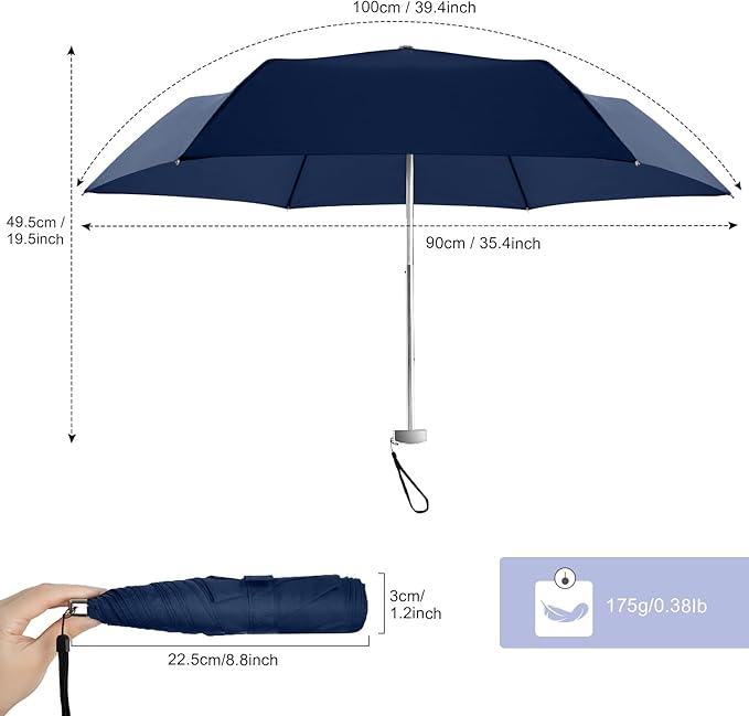 Lejorain Travel Mini Umbrella for Purse - Black Compact Durable Cool Teflon Light Weight Flat Backpacking Umbrella Portable Paraguas