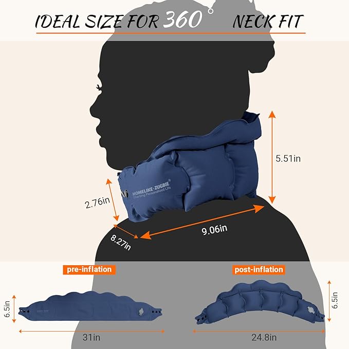 Inflatable Travel Pillow for Airplane, Inflatable Neck Pillow Airplane for Travel Office Nap Neck Support, Buy 1 Get 3 Professional Sleeping Eye Mask and Highly Silent-Navy Blue