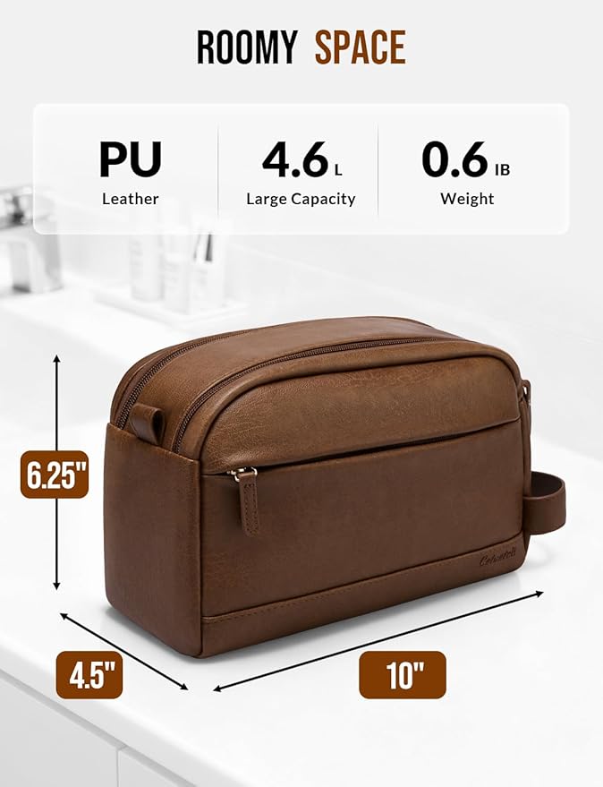 PU Leather Toiletry Bag for Men - Water Resistant Travel Bag for Toiletries, Bathroom Essentials, Accessories - Brown